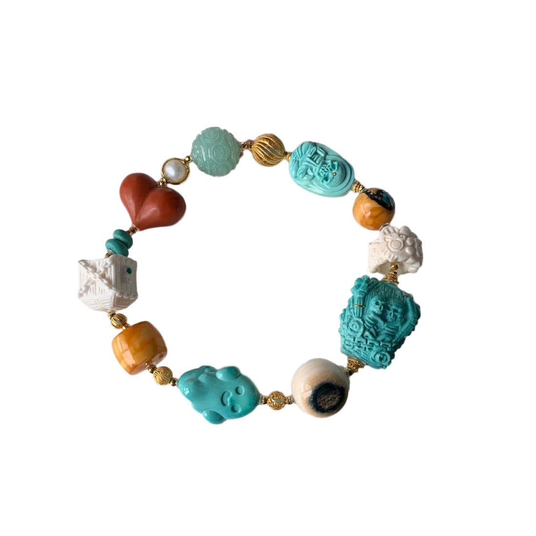 Hand Woven Turquoise & Beeswax & Nanhong Agate & Bone & Pearl Beads Bracelet: Hand Woven Turquoise & Beeswax & Nanhong Agate & Bone & Pearl Beads BraceletDimension: 20 x 16 x 8 (mm) 0.79 x 0.63 x 0.31 (inches)Dimension: 18 x 12 x 8 (mm) 0.71 x 0.47 x 0.31 (inches)
