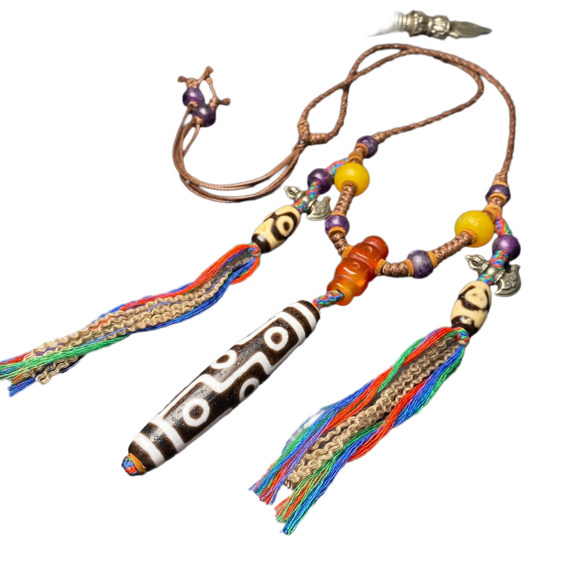Tibetan 9 Eye DZI Agate Lucky Pendant w Hand Woven Beeswax,Amethyst Beads Necklace: Tibetan 9 Eye DZI Agate Lucky Pendant w Hand Woven Beeswax,Amethyst Beads NecklaceDimension: 71 x 14.5 (mm) 2.79 x 0.57 (inches)