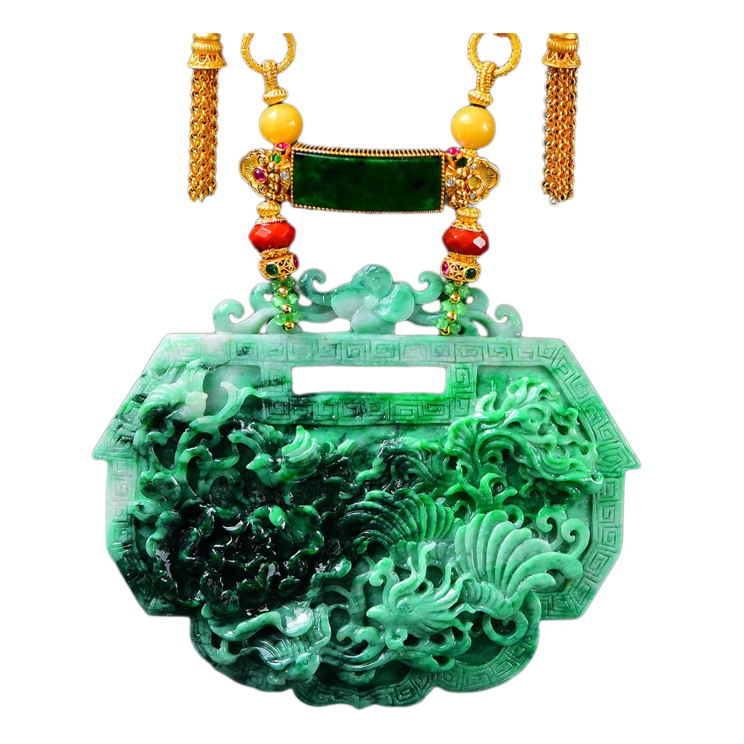 Natural Jadeite Hand-Carved Pendant w Phoenix & Peony & Hand Woven Jadeite, Beeswax Beads Necklace: Natural Jadeite Hand-Carved Pendant w Phoenix & Peony & Hand Woven Jadeite, Beeswax Beads Necklace Dimension: 97 x 79 x 11.7 (mm) 3.82 x 3.11 x 0.46 (inches)