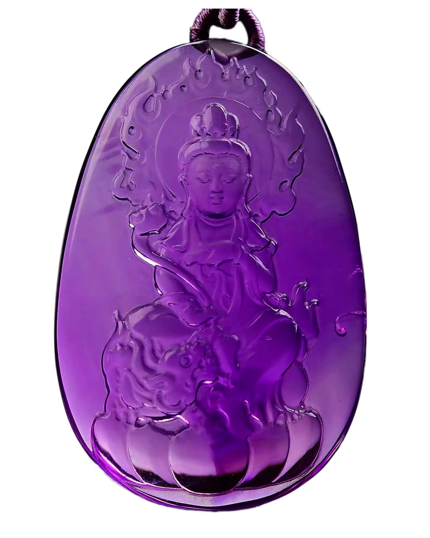 Amethyst Hand-Carved Pendant w Manjushri Bodhisattva & Hand Woven Beeswax Necklace: Amethyst Hand-Carved Pendant w Manjushri Bodhisattva & Hand Woven Beeswax Necklace Dimension: 47 x 31 x 12 (mm) 1.85 x 1.22 x 0.47 (inches) Weight: 0.07 lbs/ 30.6 g