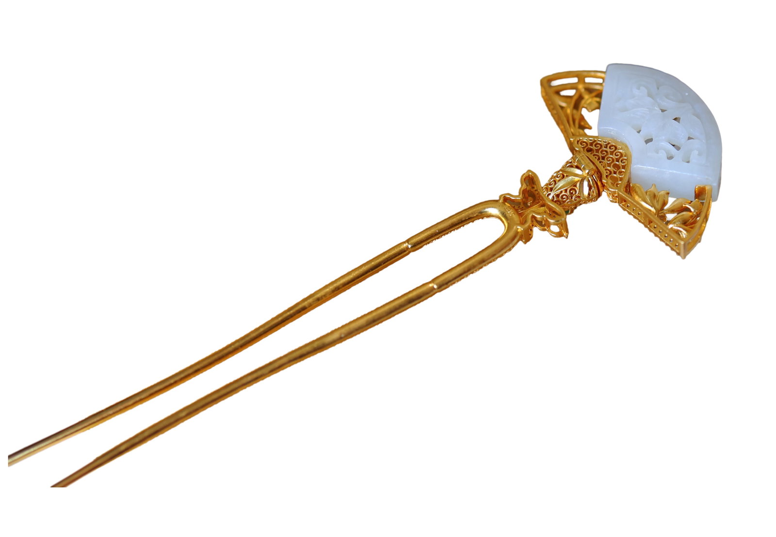 Silver Plated Gilt Gold Inlay White Hetian Jade Fan Hair Decoration: Silver Plated Gilt Gold Inlay White Hetian Jade Fan Hair Decoration