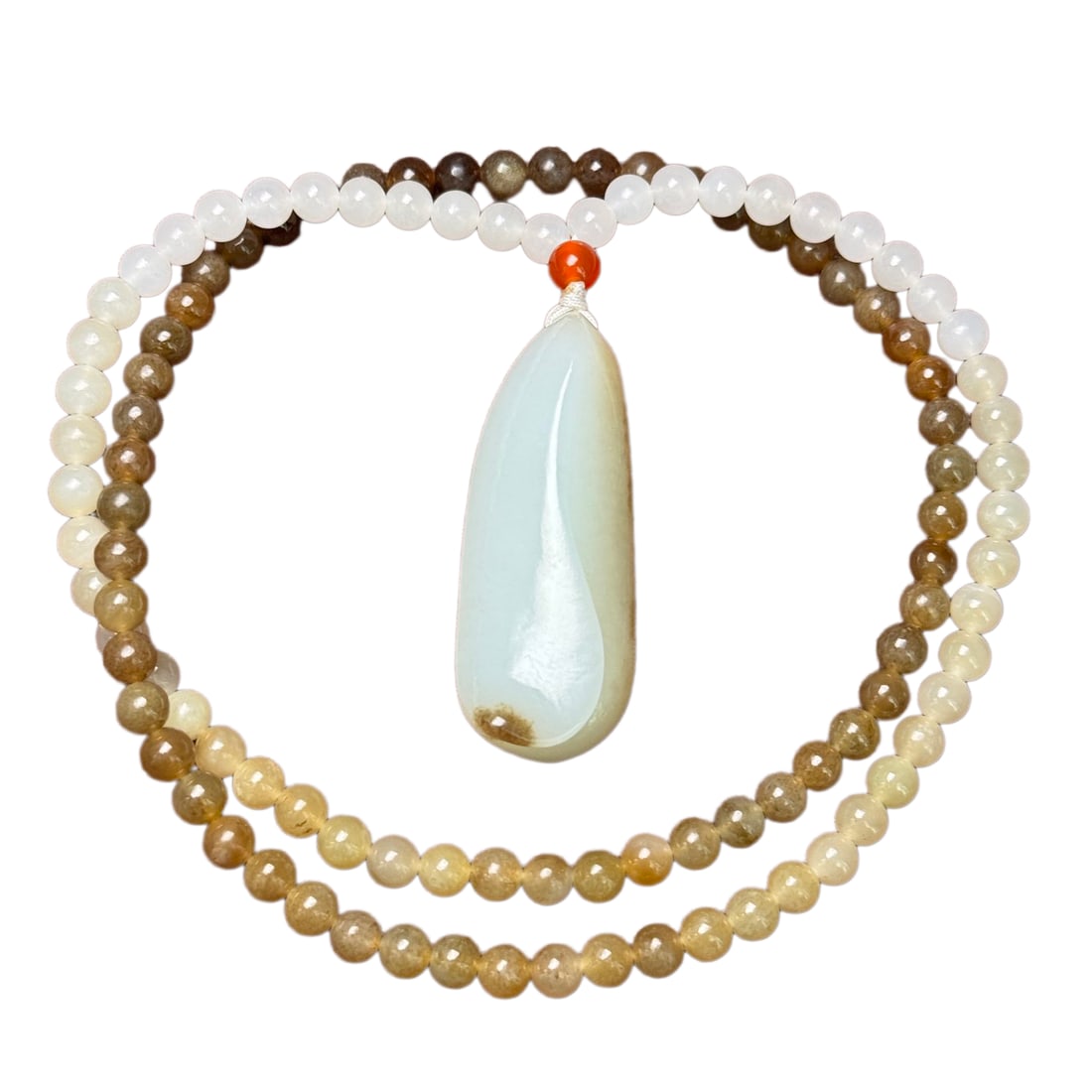 Natural Hetian Jade Hand-Carved Original Stone Pendant w Hand Woven Beads Necklace: Natural Hetian Jade Hand-Carved Original Stone Pendant w Hand Woven Beads NecklaceDimension: 54 x 21 x 12 (mm) 2.12 x 0.83 x 0.47 (inches) Weight: 0.13 lbs/ 60 g
