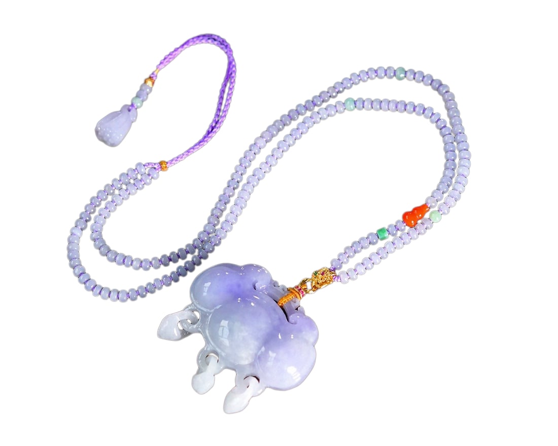 Purple Jadeite Hand-Carved Pendant w Ruyi & Hand Woven Jadeite Beads Necklace: Purple Jadeite Hand-Carved Pendant w Ruyi & Hand Woven Jadeite Beads NecklaceDimension: 49 x 38 x 11 (mm) 1.93 x 1.50 x 0.43 (inches)