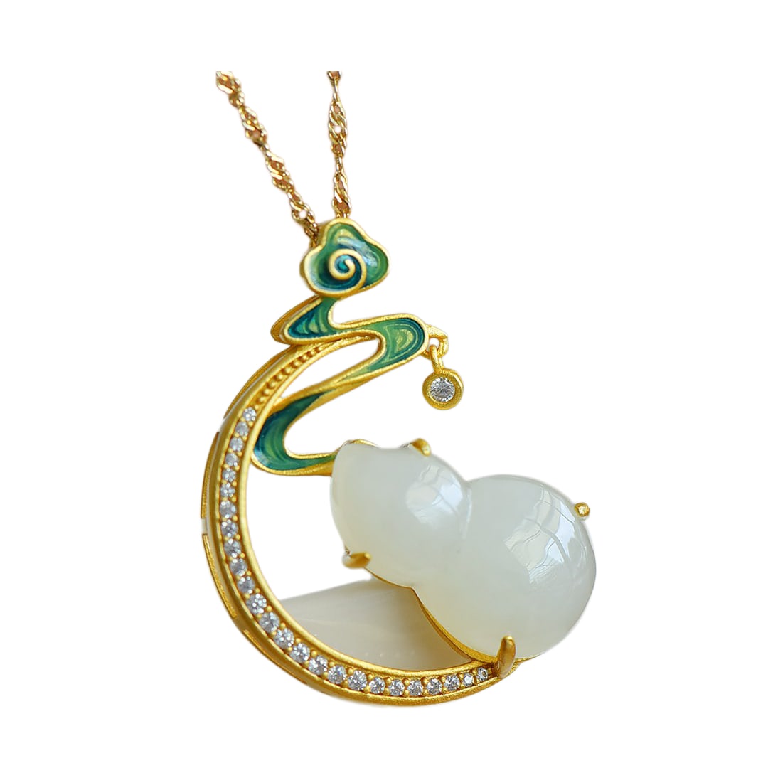 925 Silver Enamel Inlay Hetian Jade Hand-Carved Pendant w Gourd: 925 Silver Enamel Inlay Hetian Jade Hand-Carved Pendant w GourdDimension: 22 x 14 (mm) 0.87 x 0.55 (inches)