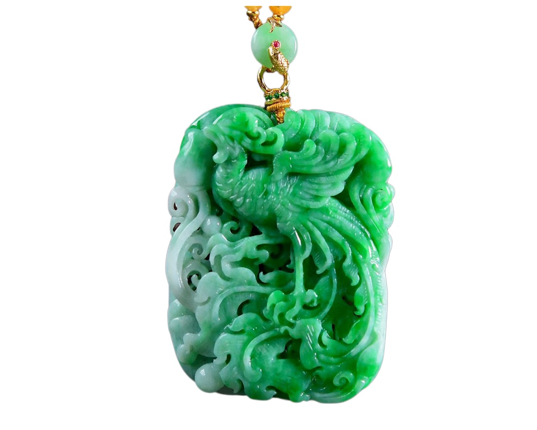 Natural Green Jadeite Hand-Carved Pendant w Phoenix & Peony & Hand Woven Jadeite Beads Necklace (1 of 7)