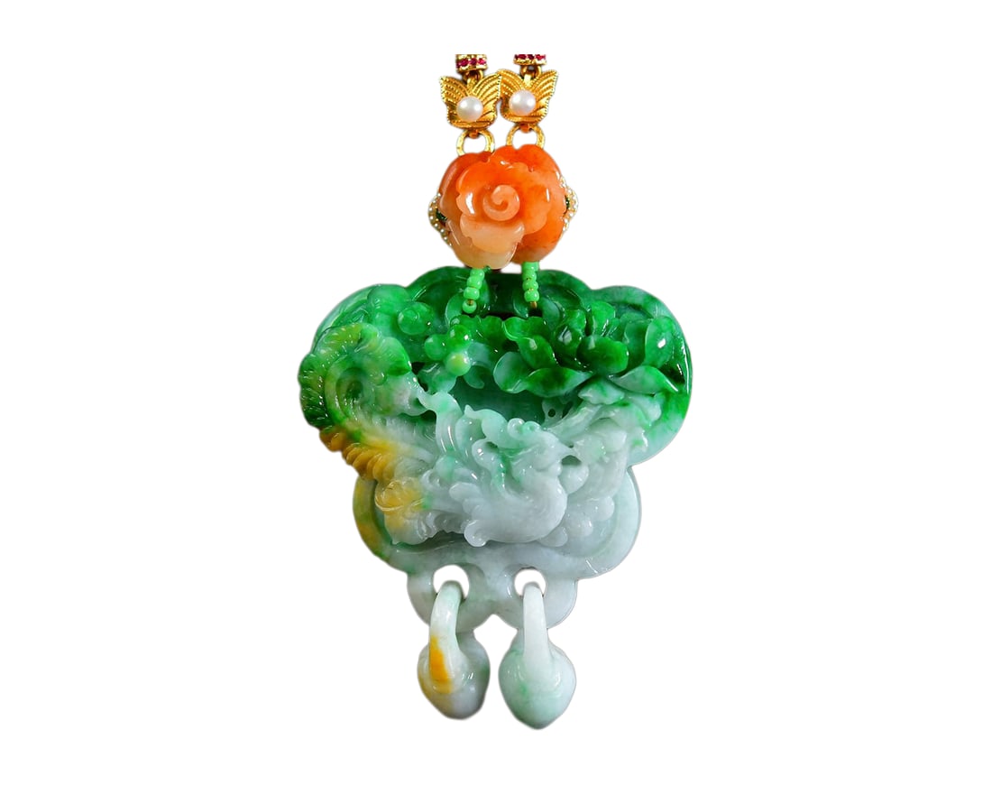 Jadeite Hand-Carved Pendant w Phoenix & Peony & Hand Woven Jadeite Beads Necklace: Jadeite Hand-Carved Pendant w Phoenix & Peony & Hand Woven Jadeite Beads NecklaceDimension: 61 x 53 x 14 (mm) 2.40 x 2.09 x 0.55 (inches)