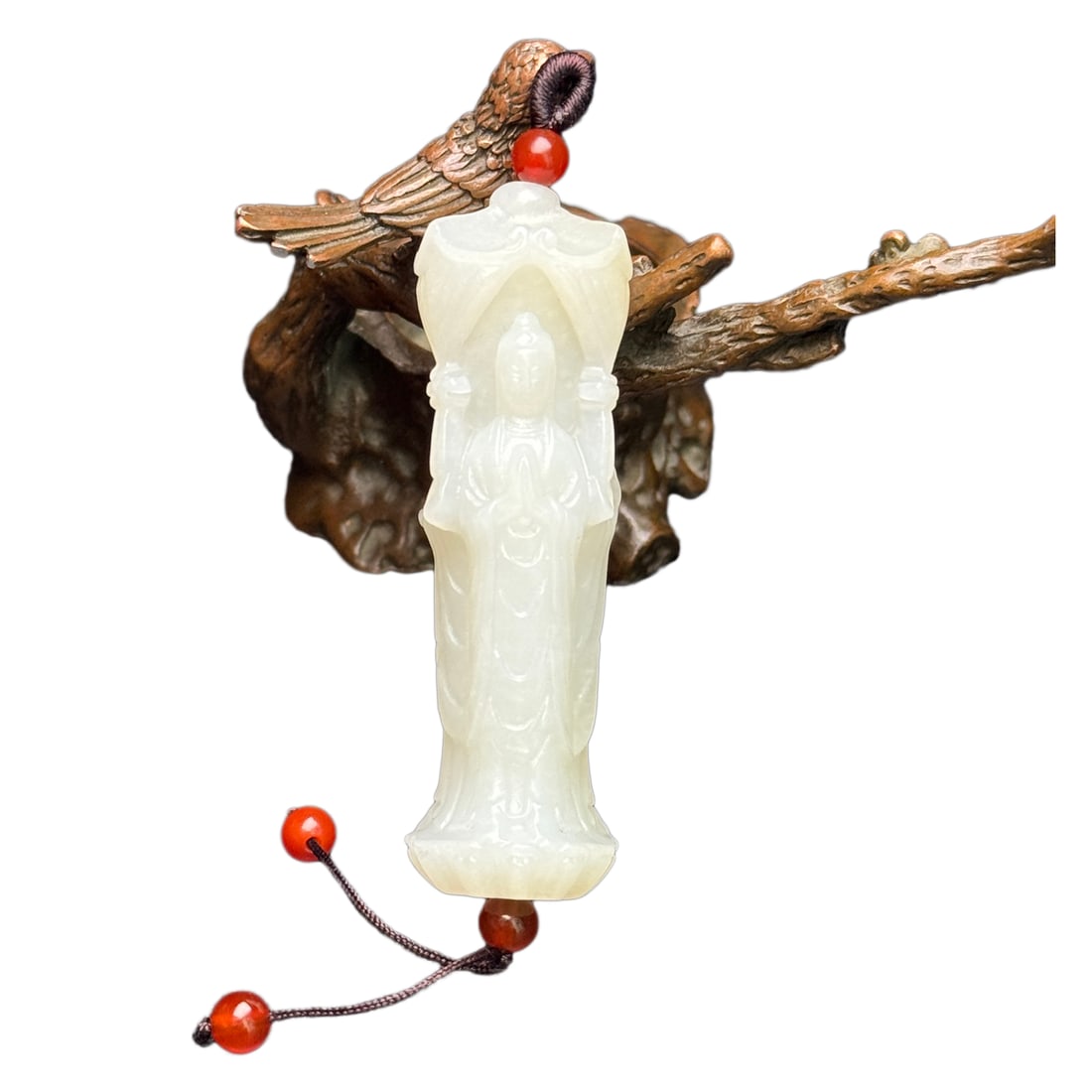 Natural Hetian Jade Hand-Carved Figure Pendant w Three Buddha: Natural Hetian Jade Hand-Carved Figure Pendant w Three BuddhaDimension: 63 x 20 x 20 (mm) 2.48 x 0.79 x 0.79(inches) Weight: 0.06 lbs/ 29 g