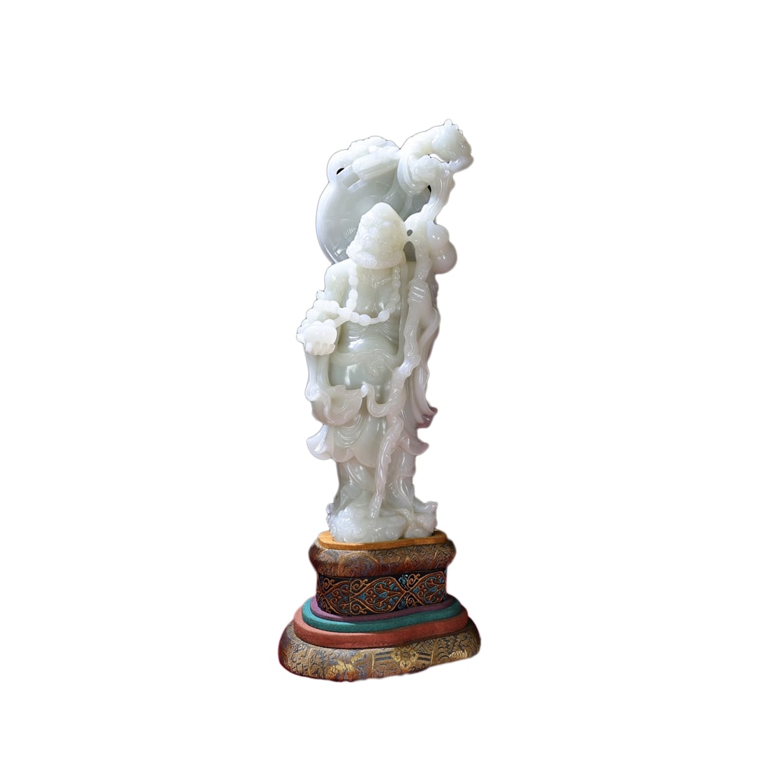 White Hetian Jade Hand-Carved Buddha Statue w Dharma: White Hetian Jade Hand-Carved Buddha Statue w DharmaDimension: 295 x 97 x 60 (mm) 11.61 x 3.82 x 2.36 (inches) Weight: 4.02 lbs/ 1823 g