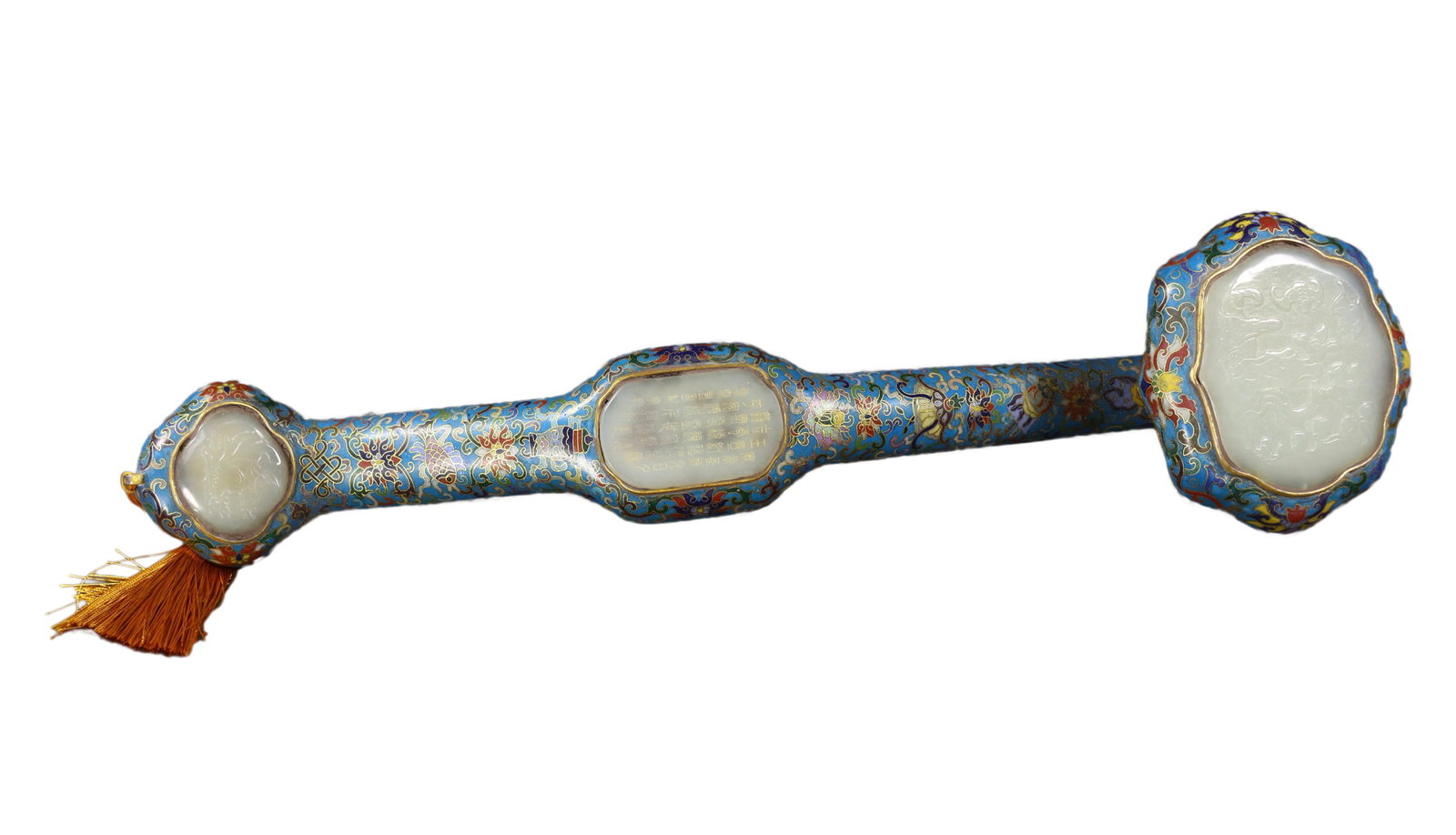 Vintage Copper Cloisonne Inlay Hetian Jade Ruyi Scepter Statue: Vintage Copper Cloisonne Inlay Hetian Jade Ruyi Scepter StatueDimension: 450 x 110 x 90 (mm) 17.72 x 4.33 x 3.54 (inches) Weight: 2.09 lbs/ 950 g