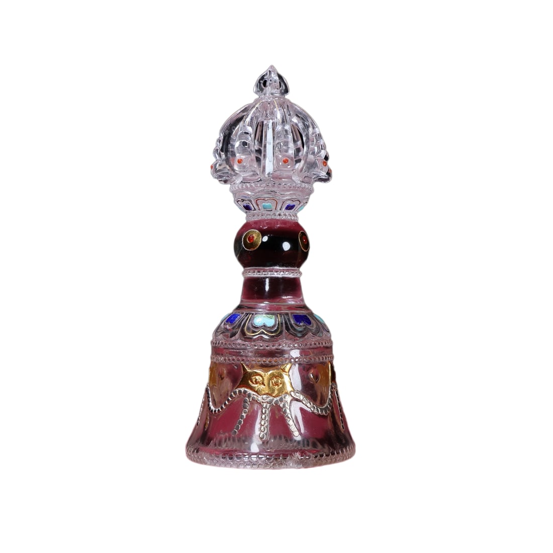 Tibetan Gilt Gold White Crystal & Gem Dharma-vessel Statue w Demon-Subduing Bell: Tibetan Gilt Gold White Crystal & Gem Dharma-vessel Statue w Demon-Subduing BellDimension: 160 x 65 (mm) 6.30 x 2.56 (inches) Weight: 0.54 lbs/ 246 g