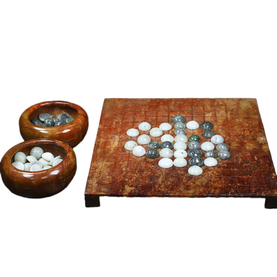 A Set Vintage Hetian Jade Hand-Carved Weiqi Chess Piece w Weiqi Chessboard: A Set Vintage Hetian Jade Hand-Carved Weiqi Chess Piece w Weiqi ChessboardDimension: 294 x 282 x 27 (mm) 11.57 x 11.10 x 1.06 (inches) Dimension: 121 x 59 (mm) 4.76 x 2.32 (inches) Dimension: 23 x 10