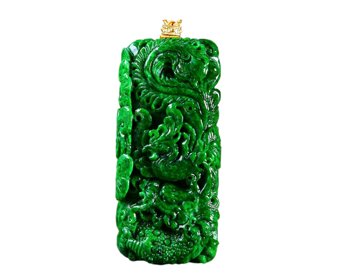 Green Jadeite Hand-Carved Pendant w Dragon Phoenix w Hand Woven Jadeite & Pearl Beads Necklace: Green Jadeite Hand-Carved Pendant w Dragon Phoenix w Hand Woven Jadeite & Pearl Beads NecklaceDimension: 54.7 x 24.7 x 11 (mm) 2.15 x 0.97 x 0.43 (inches)