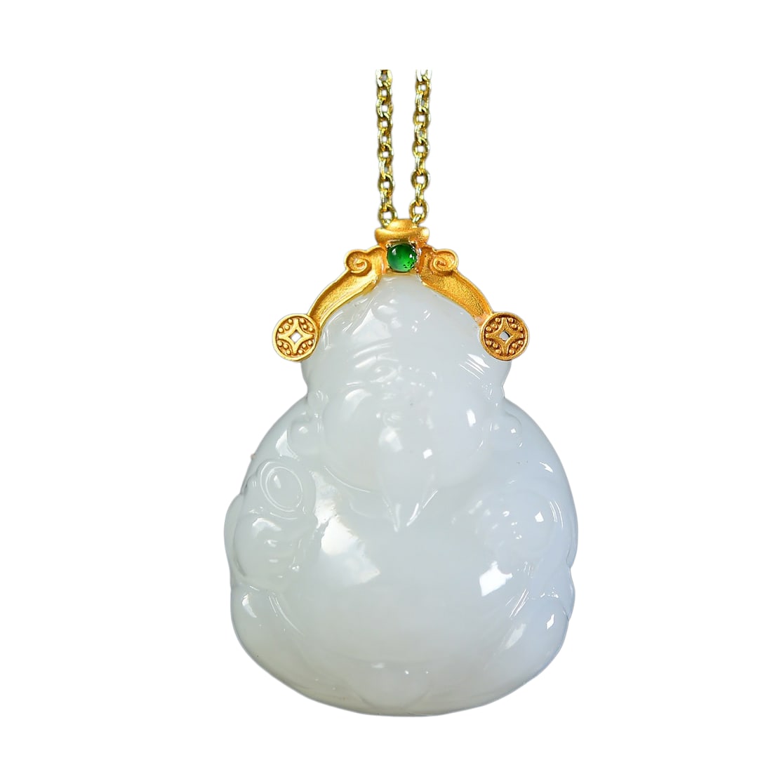 Natural White Hetian Jade Hand-Carved Figure Pendant w Fortune Taoism Deity,18K Gold Buckle: Natural White Hetian Jade Hand-Carved Figure Pendant w Fortune Taoism Deity,18K Gold BuckleDimension: 33.8 x 24 x 14.7 (mm) 1.33 x 0.94 x 0.58 (inches) Weight: 0.03 lbs/ 15.81 g