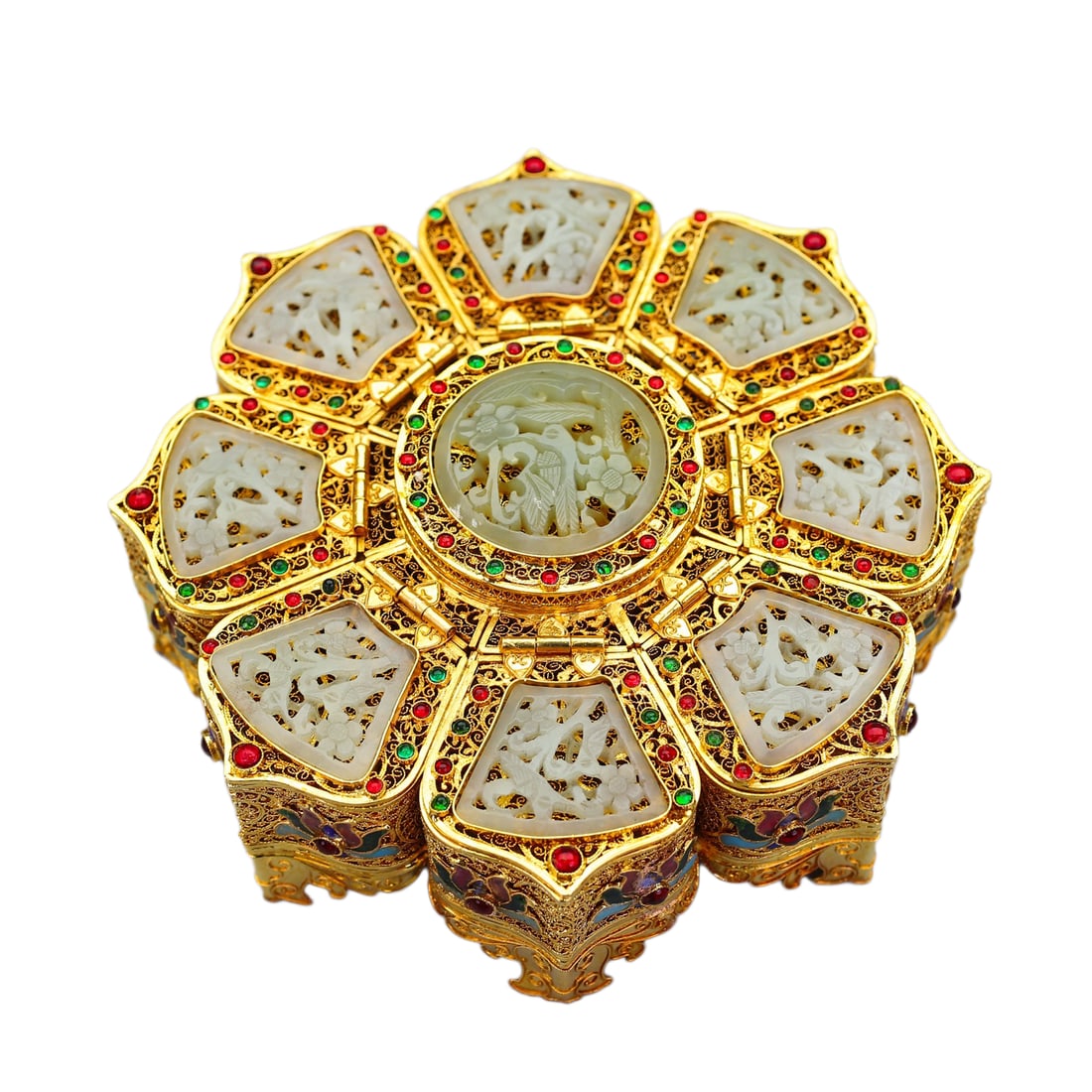 Gold Wires Enamel Inlay Hetian Jade Jewellery Box: Gold Wires Enamel Inlay Hetian Jade Jewellery BoxDimension: 190 x 60 (mm) 7.48 x 2.36 (inches) Weight: 1.83 lbs/ 830 g