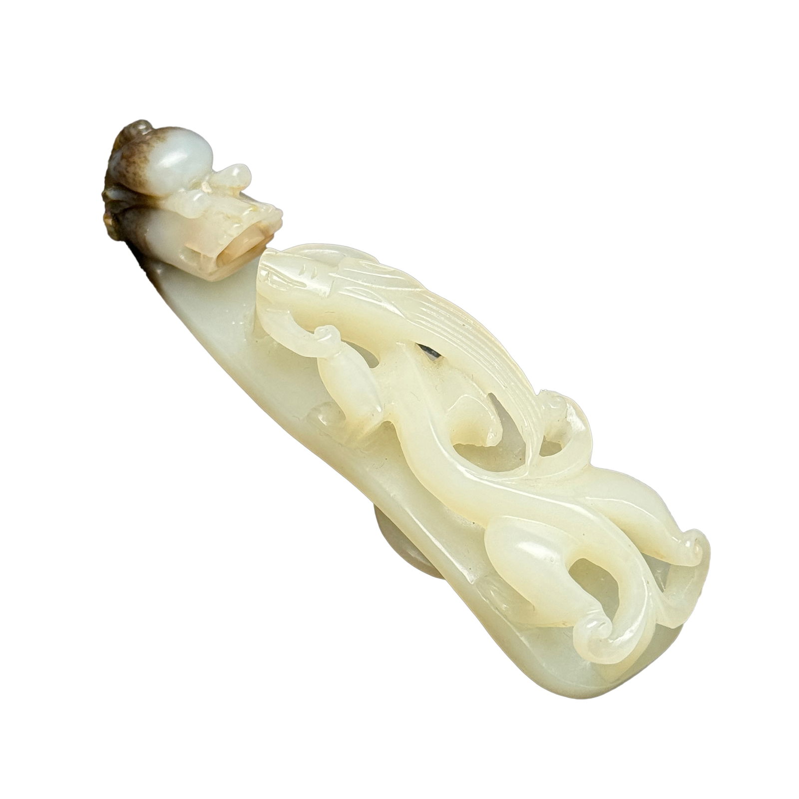 Natural Hetian Jade Hand-Carved Divine Beast Belt Buckle w Chi Dragon: Natural Hetian Jade Hand-Carved Divine Beast Belt Buckle w Chi DragonDimension: 103 x 24 x 24 (mm) 4.05 x 0.94 x 0.94 (inches) Weight: 0.15 lbs/ 67 g