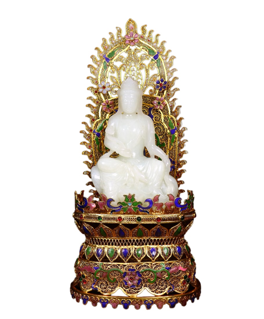 Natural Hetian Jade Hand-Carved Buddha Statue w Ruyi Kwan-yin & Gold Wires Enamel Inlay Gem Base: Natural Hetian Jade Hand-Carved Buddha Statue w Ruyi Kwan-yin & Gold Wires Enamel Inlay Gem Base Dimension: 300 x 135 x 95 (mm)11.81 x 5.31 x 3.74 (inches) Weight: 2.45 lbs/ 1111 g