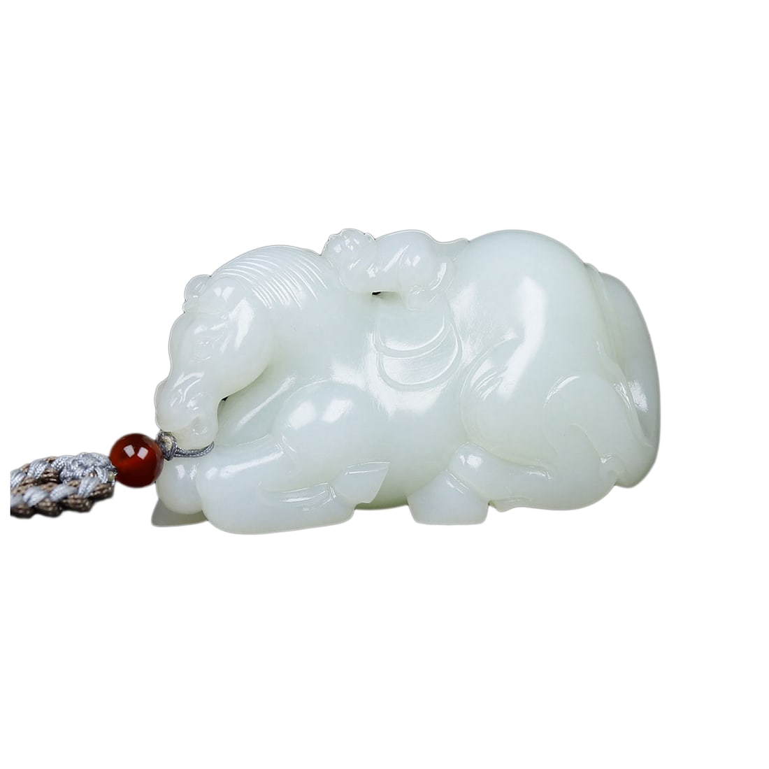 Natural White Hetian Jade Hand-Carved Pendant w Fortune Horse & Monkey: Natural White Hetian Jade Hand-Carved Pendant w Fortune Horse & MonkeyDimension: 82 x 41 x 36 (mm) 3.23 x 1.61 x 1.42 (inches) Weight: 0.40 lbs/ 183 g