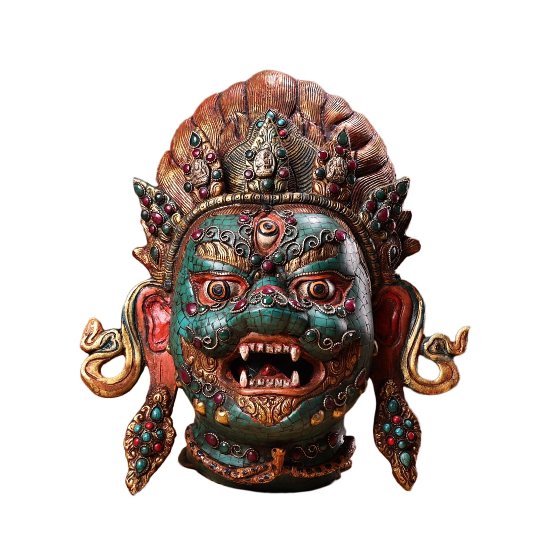 Tibetan Gilt Gold Copper Inlay Turquoise & Gems Mask Statue/Hang On The Wall w Mahakala: Tibetan Gilt Gold Copper Inlay Turquoise & Gems Mask Statue/Hang On The Wall w MahakalaDimension: 330 x 280 (mm)12.99 x 11.02 (inches) Weight: 9.26 lbs/ 4200 g