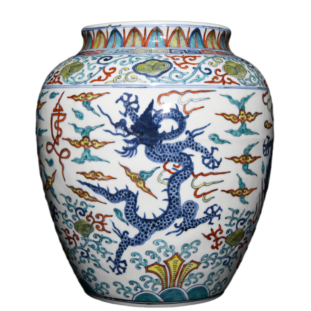 Porcelain Jar Blue And White Porcelain + Wucai w Clouds Dragon Design,Ming Dynasty: Porcelain Jar Blue And White Porcelain + Wucai w Clouds Dragon Design,Ming Dynasty Dimension: 340 x 300 (mm) 13.38 x 11.81 (inches)