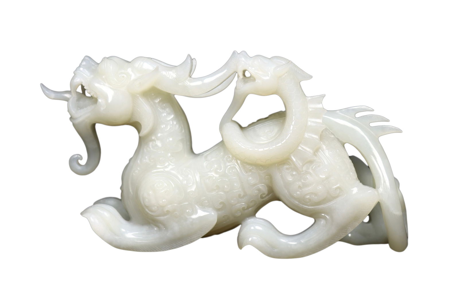 White Hetian Jade Hand-Carved Statue w Fortune: White Hetian Jade Hand-Carved Statue w FortuneDimension: 196 x 98 x 50 (mm) 7.72 x 3.86 x 1.97 (inches) Weight:1.86 lbs/ 844 g