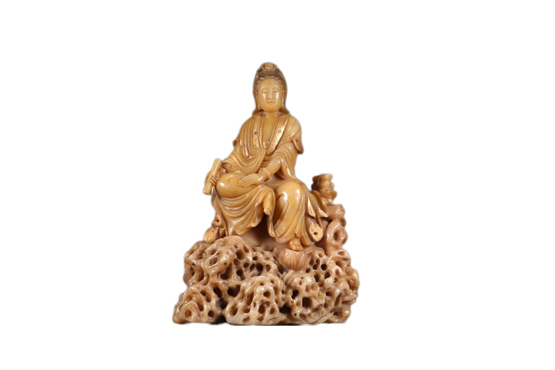 Vintage Tianhuang Shoushan Stone Hand-Carved Figure Statue w Kwan-yin: Vintage Tianhuang Shoushan Stone Hand-Carved Figure Statue w Kwan-yinDimension: 210 x 140 x 95 (mm) 8.27 x 5.51 x 3.74 (inches)Weight (without base): 3.42 lbs/ 1550 g The total weight does not include