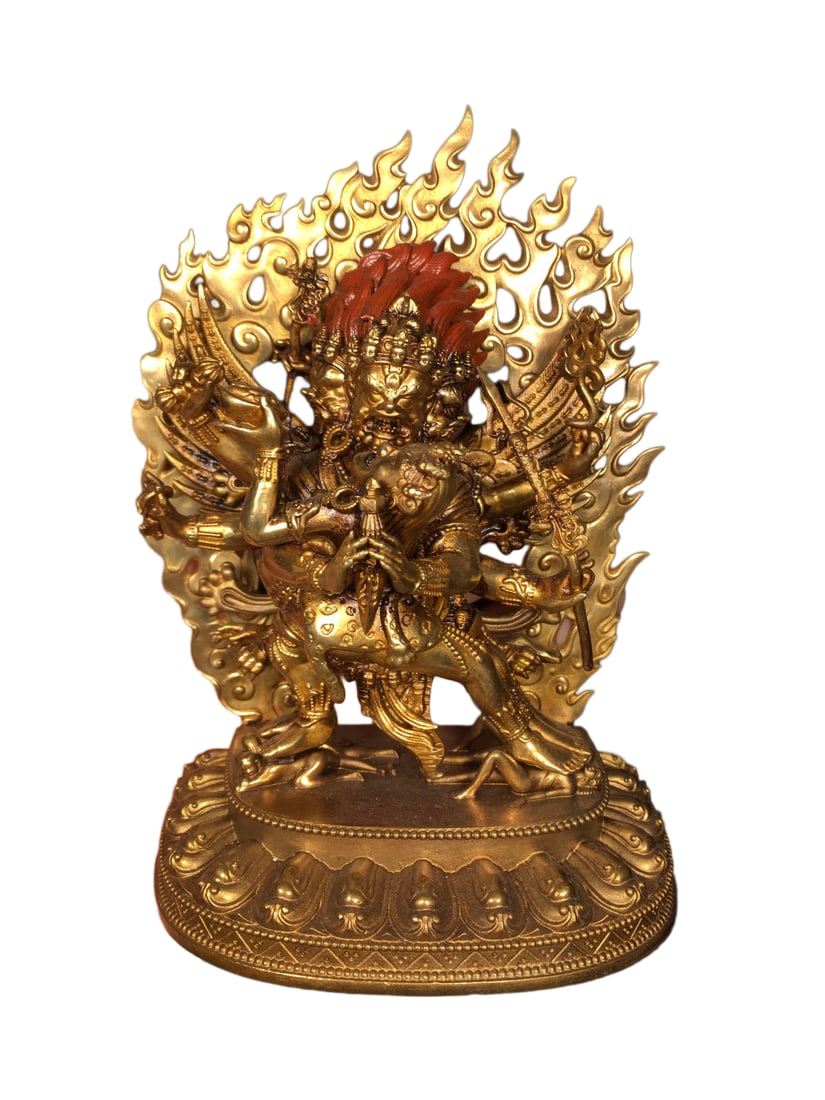 Tibetan Gilt Gold Copper Buddha Statue w Vajrabhairava: Tibetan Gilt Gold Copper Buddha Statue w VajrabhairavaDimension: 120 x 85 x 50 (mm) 4.72 x 3.35 x 1.97 (inches) Weight: 1.32 lbs/ 600 g
