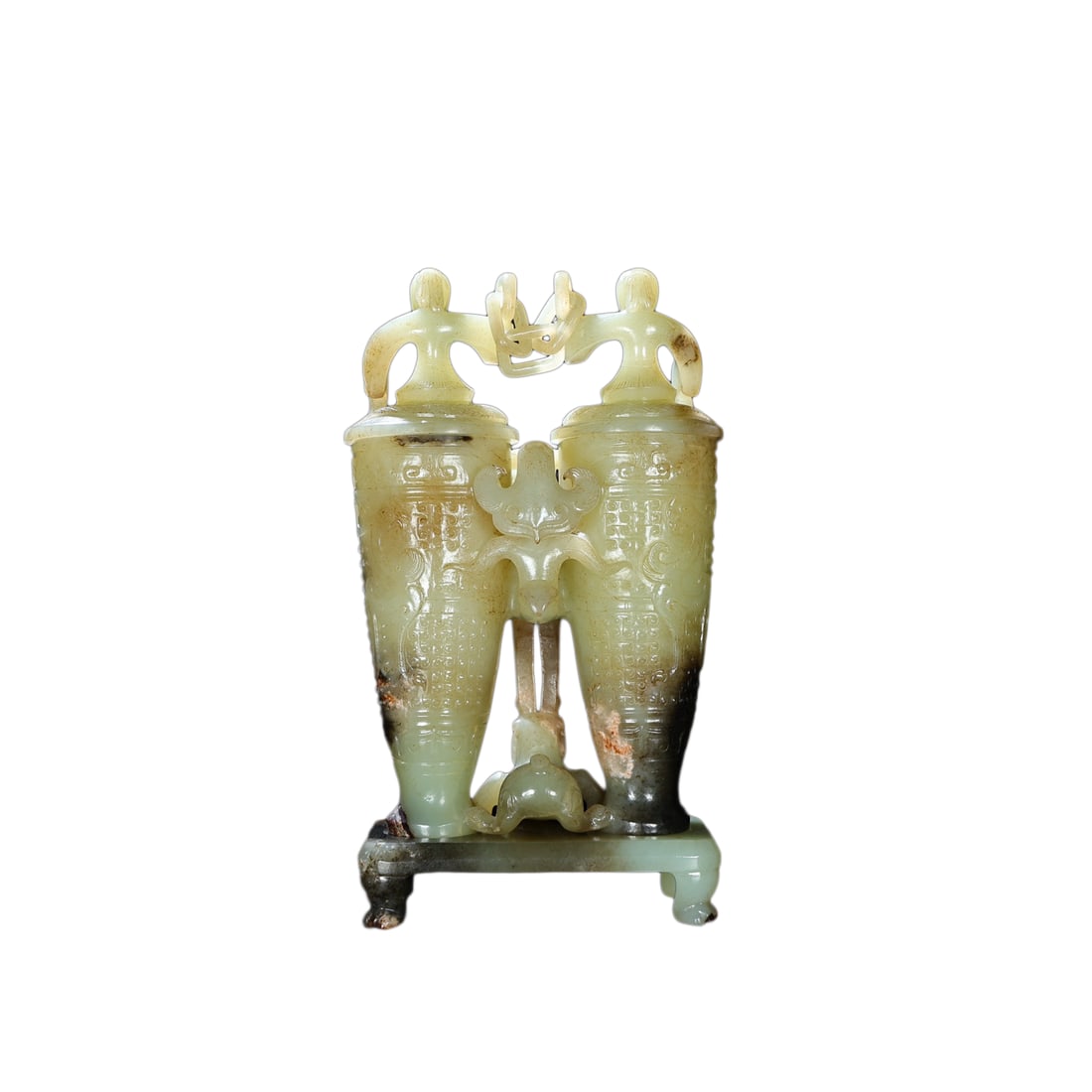 Hetian Jade Hand-Carved Conjoined Vase w Divine Beast: Hetian Jade Hand-Carved Conjoined Vase w Divine BeastDimension: 183 x 109 x 77 (mm) 7.20 x 4.29 x 3.03 (inches) Weight: 1.98 lbs/ 899 g