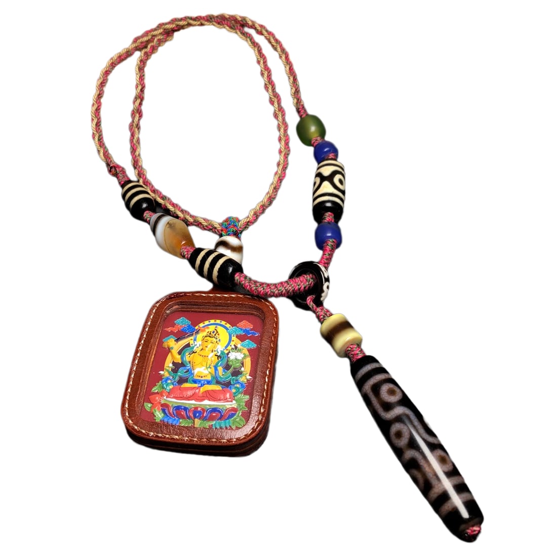 Tibetan Nine Eye DZI Agate Lucky Pendant w Tangka Pendant: Tibetan Nine Eye DZI Agate Lucky Pendant w Tangka PendantDimension: 58 x 13 (mm) 2.28 x 0.51 (inches)Dimension: 56 x 45 x 9 (mm) 2.20 x 1.77 x 0.35 (inches)