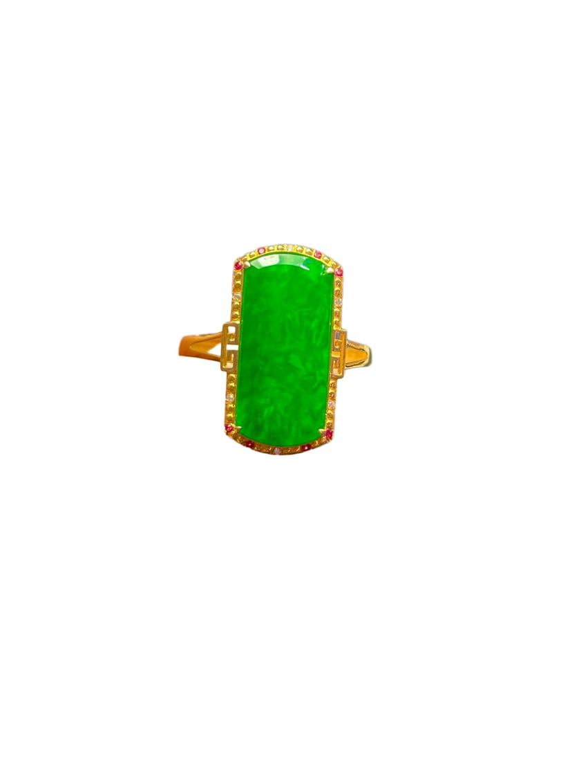 18K Gold Inlay Green Jadeite Ring: 18K Gold Inlay Green Jadeite RingDimension: 16.6 x 7.8 (mm) 0.65 x 0.31 (inches) Weight: 0.01 lbs/ 2.4 g