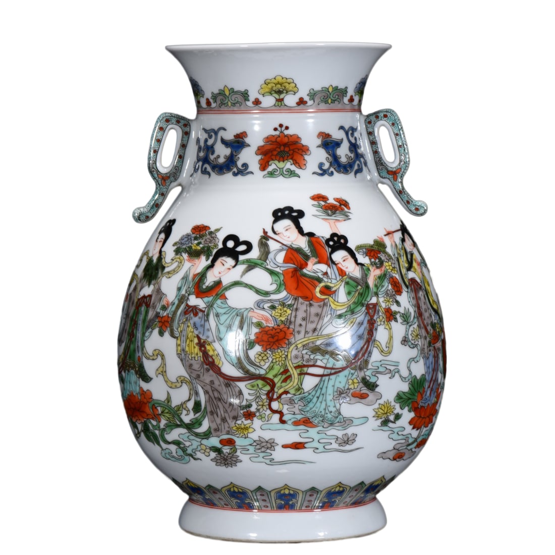 Porcelain Vase Famille Rose w Feitian Female Deity, Qing Dynasty Qianlong Mark: Porcelain Vase Famille Rose w Feitian Female Deity, Qing Dynasty Qianlong Mark Dimension: 320 x 210 (mm) 12.60 x 8.27 (inches)