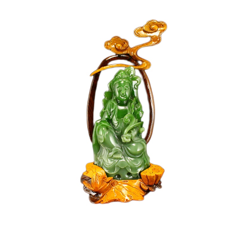 Natural Green Hetian Jade Hand-Carved Statue w Kwan-yin: Natural Green Hetian Jade Hand-Carved Statue w Kwan-yinDimension: 150 x 70 x 50 (mm) 5.90 x 2.75 x 1.97 (inches) Weight: 1.54 lbs/ 699 g