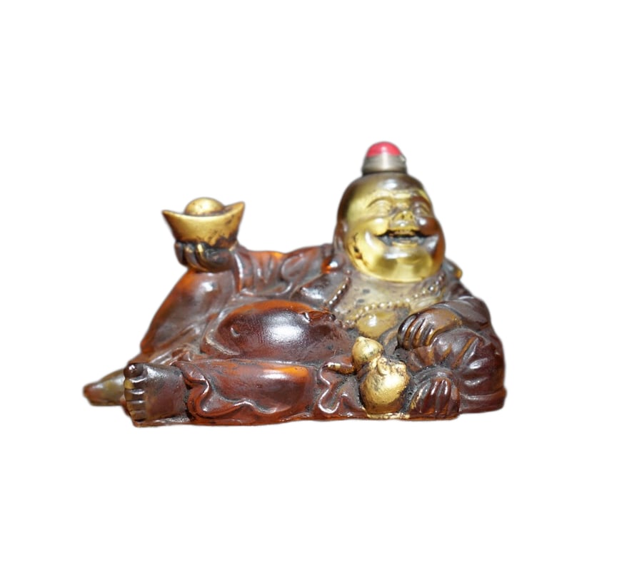 Vintage Peking Glass Snuff Bottle w Laughing Buddha: Vintage Peking Glass Snuff Bottle w Laughing BuddhaDimension: 80 x 55 x 50 (mm) 3.15 x 2.16 x 1.97 (inches) Weight: 0.43 lbs/ 194 g