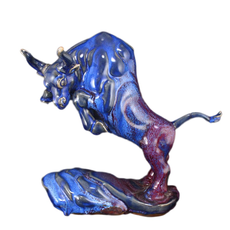 Vintage Porcelain Statue Variable Glaze Jun Kiln w Fortune Ox: Vintage Porcelain Statue Variable Glaze Jun Kiln w Fortune OxDimension: 270 x 210 x 100 (mm) 10.63 x 8.27 x 3.94 (inches)Weight: 3.45 lbs/ 1566 g