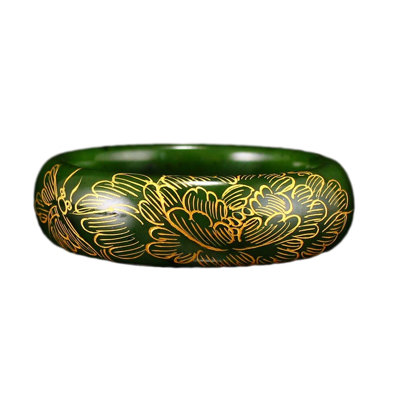 Inside Diameter 54.7mm Gilt Gold Green Hetian Jade Bracelet: Inside Diameter 54.7mm Gilt Gold Green Hetian Jade BraceletInside Diameter: 54.7 (mm) 2.15 (inches)Dimension: 18 x 8 (mm) 0.71 x 0.31 (inches)