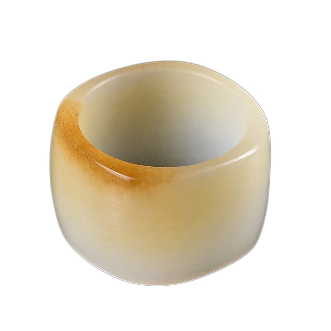 Natural Hetian Jade Hand-Carved Thumb Ring w Certificate: Natural Hetian Jade Hand-Carved Thumb Ring w CertificateDimension: 16.6 x 13 x 2.6 (mm) 0.65 x 0.51 x 0.10 (inches) Weight: 0.01 lbs/ 5 g