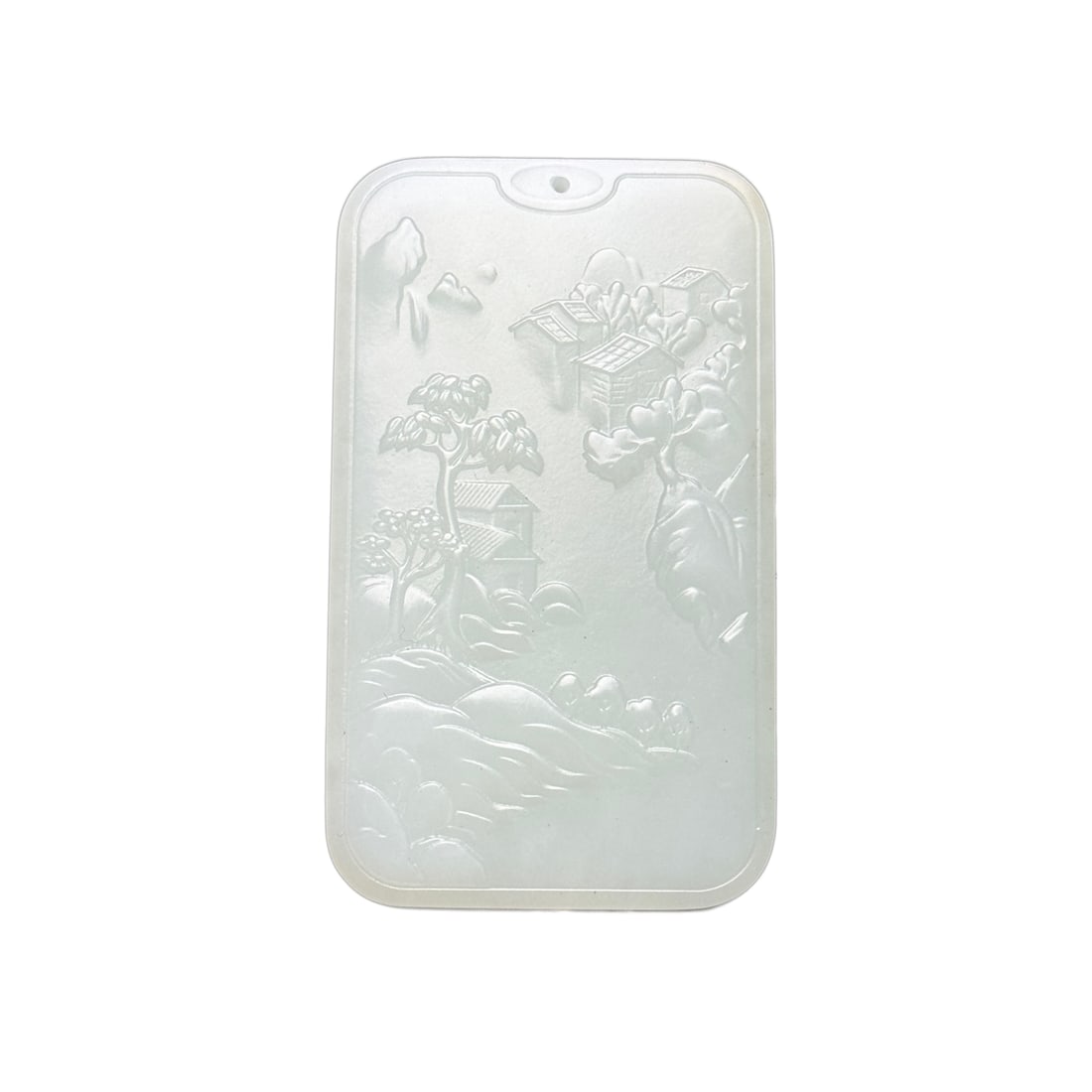 Natural Hetian Jade Low Relief Pendant w Mountain River Scene: Natural Hetian Jade Low Relief Pendant w Mountain River SceneDimension: 68 x 40 x 10 (mm) 2.68 x 1.57 x 0.39 (inches) Weight: 0.15 lbs/ 67 g