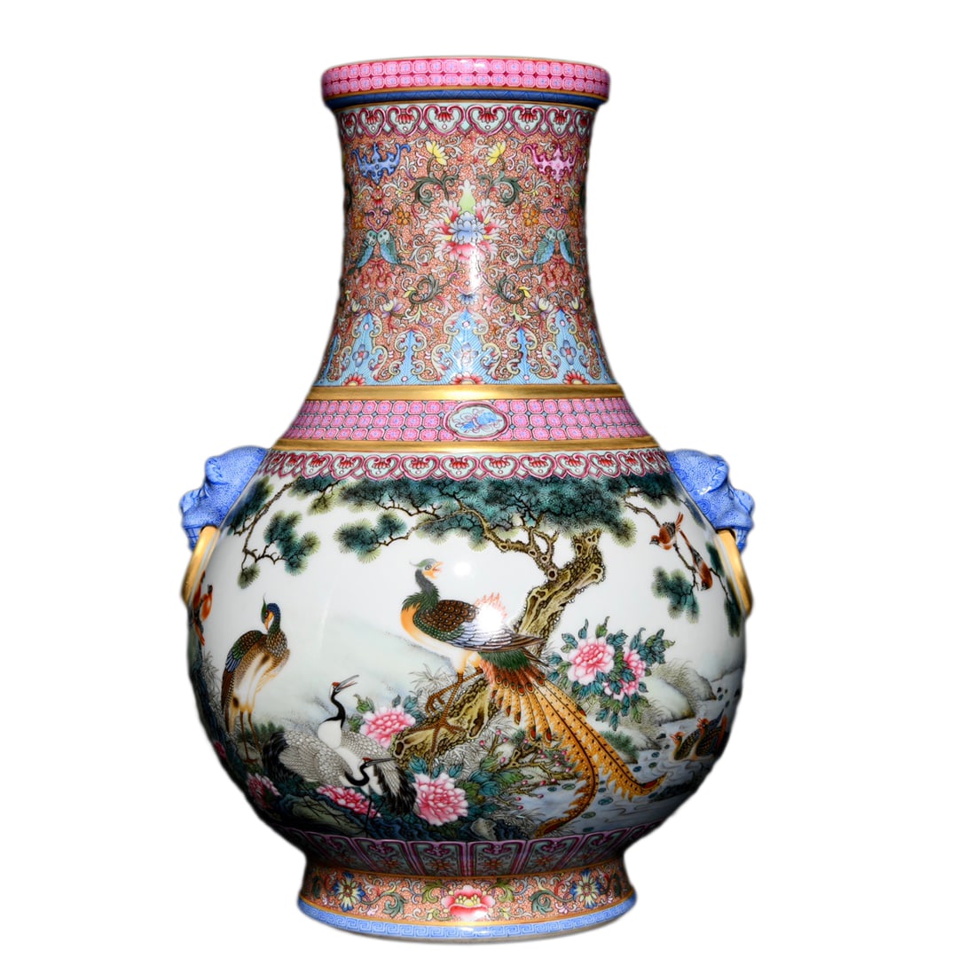 Porcelain Double Ear Vase Famille Rose w Pine Tree & Peacock,Qing Dynasty Yongzheng Mark: Porcelain Double Ear Vase Famille Rose w Pine Tree & Peacock,Qing Dynasty Yongzheng MarkDimension: 300 x 200 (mm) 11.81 x 7.87 (inches)