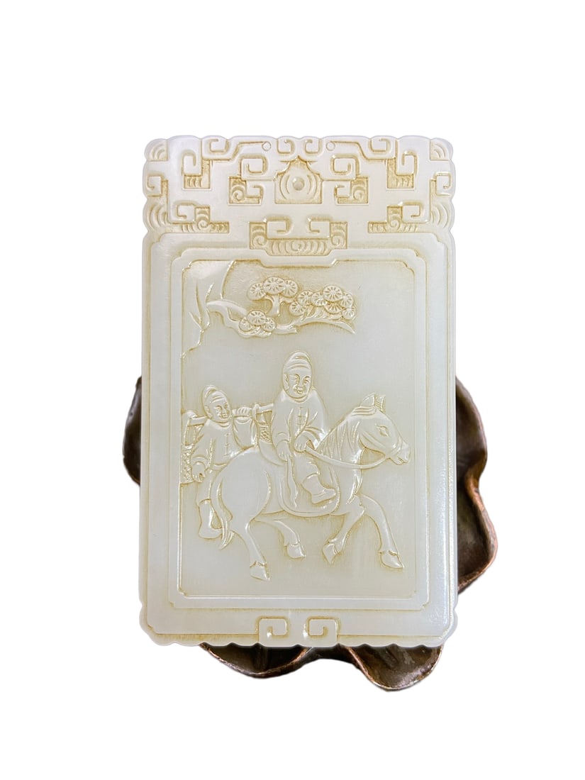 Hetian Jade Low Relief Pendant w Triumphant Return Home: Hetian Jade Low Relief Pendant w Triumphant Return HomeDimension: 70 x 43.8 x 6.8 (mm) 2.75 x 1.72 x 0.27 (inches) Weight: 0.13 lbs/ 59 g