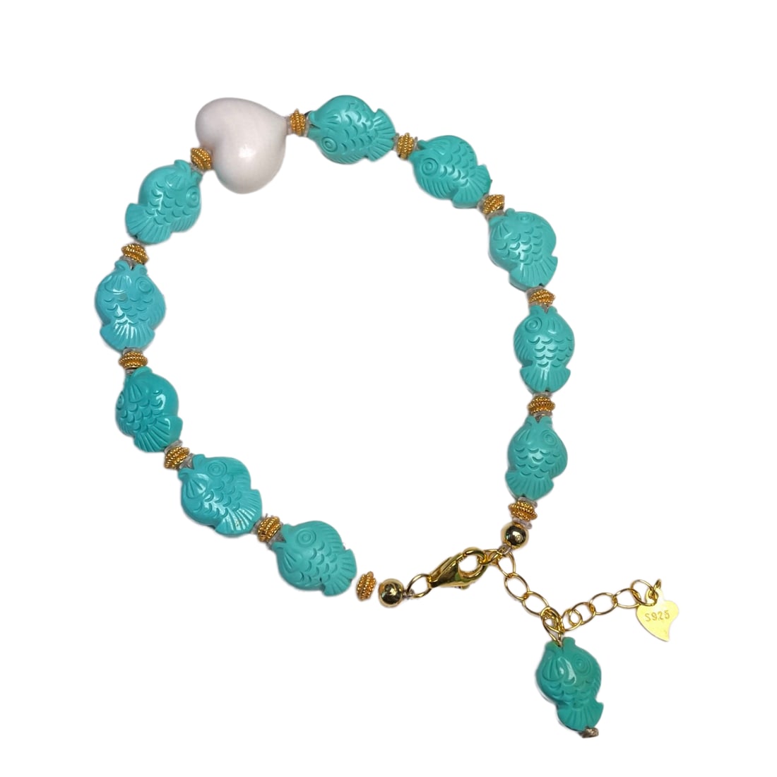 Hand Woven Turquoise Beads Bracelet w Fish: Hand Woven Turquoise Beads Bracelet w FishDimension: 12.5-8 (mm) 0.49-0.31 (inches) Weight: 0.02 lbs/ 11.1 g