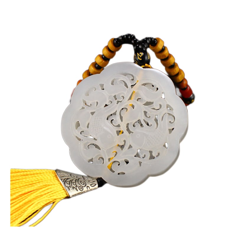 Openwork Hetian Jade Hand-Carved Sachet Pendant w Fish & Certificate: Openwork Hetian Jade Hand-Carved Sachet Pendant w Fish & CertificateDimension: 55 x 55 x 8 (mm) 2.16 x 2.16 x 0.31 (inches) Weight: 0.10 lbs/ 47.04 g
