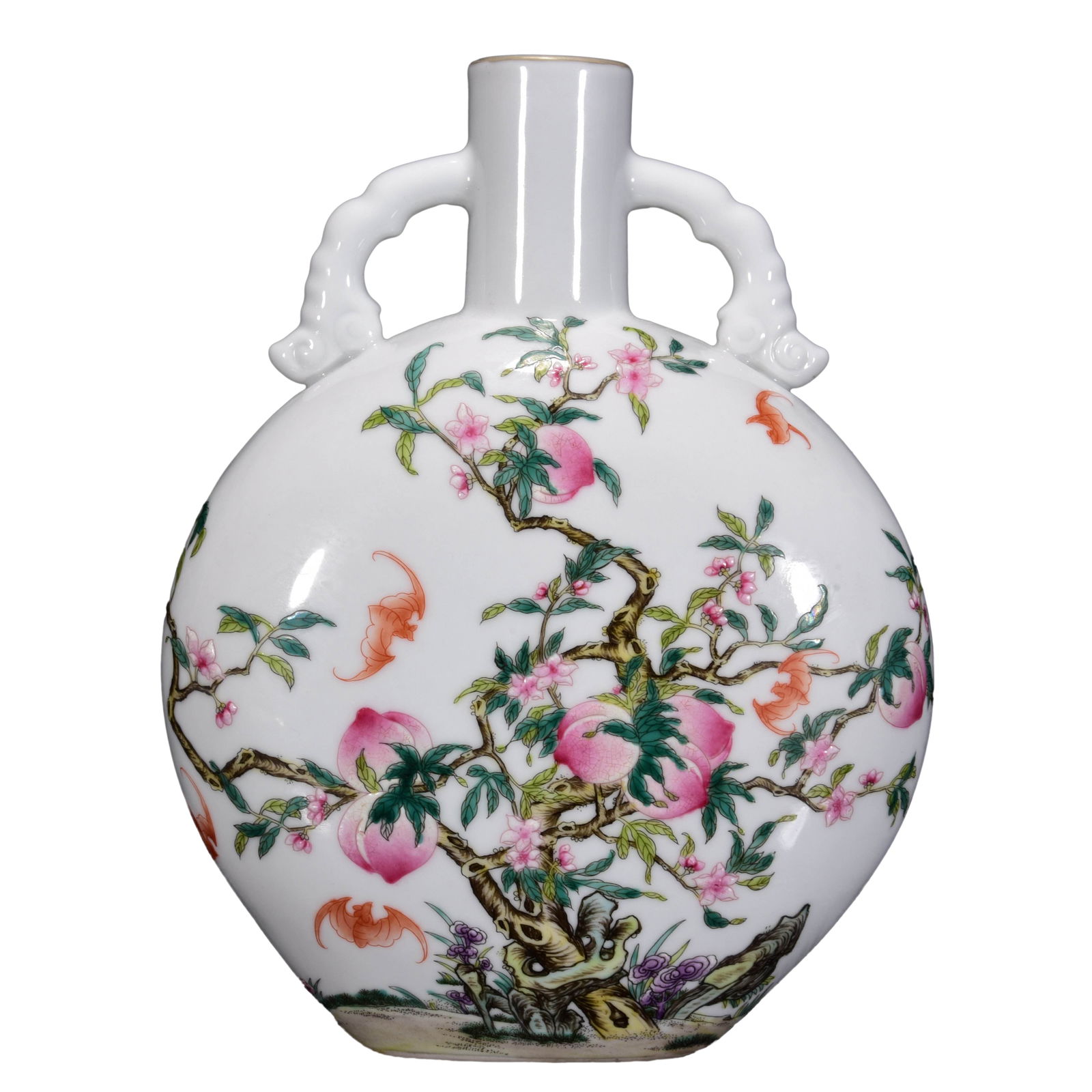 Porcelain Double Ear Vase Gilt Edge Famille Rose w Peach & Bat & Qing Dynasty Yongzheng Mark: Porcelain Double Ear Vase Gilt Edge Famille Rose w Peach & Bat & Qing Dynasty Yongzheng MarkDimension: 280 x 210 (mm) 11.02 x 8.27 (inches)