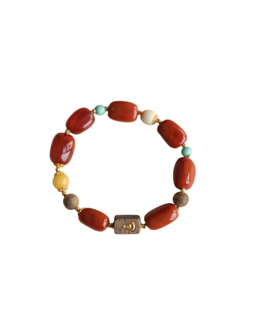 Hand Woven Nanhong Agate & Turquoise & Beeswax Beads Bracelet: Hand Woven Nanhong Agate & Turquoise & Beeswax Beads BraceletDimension: 11.5 (mm) 0.45 (inches)