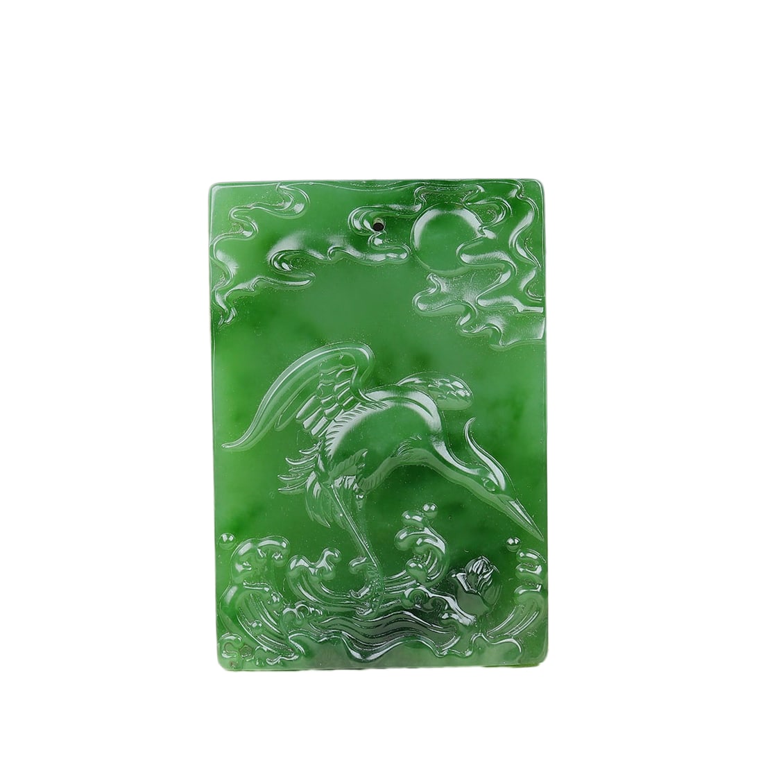 Natural Green Hetian Jade Low Relief Pendant w Crane: Natural Green Hetian Jade Low Relief Pendant w CraneDimension: 48 x 33 x 6 (mm) 1.89 x 130 x 0.24 (inches) Weight: 0.06 lbs/ 27 g