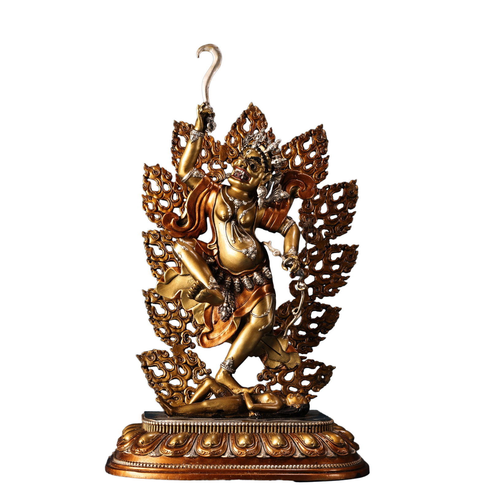 Tibetan Gilt Gold Copper Buddha Statue w Dharma protector: Tibetan Gilt Gold Copper Buddha Statue w Dharma protectorDimension: 380 x 230 (mm) 14.96 x 9.05 (inches) Weight: 7.72 lbs/ 3500 g