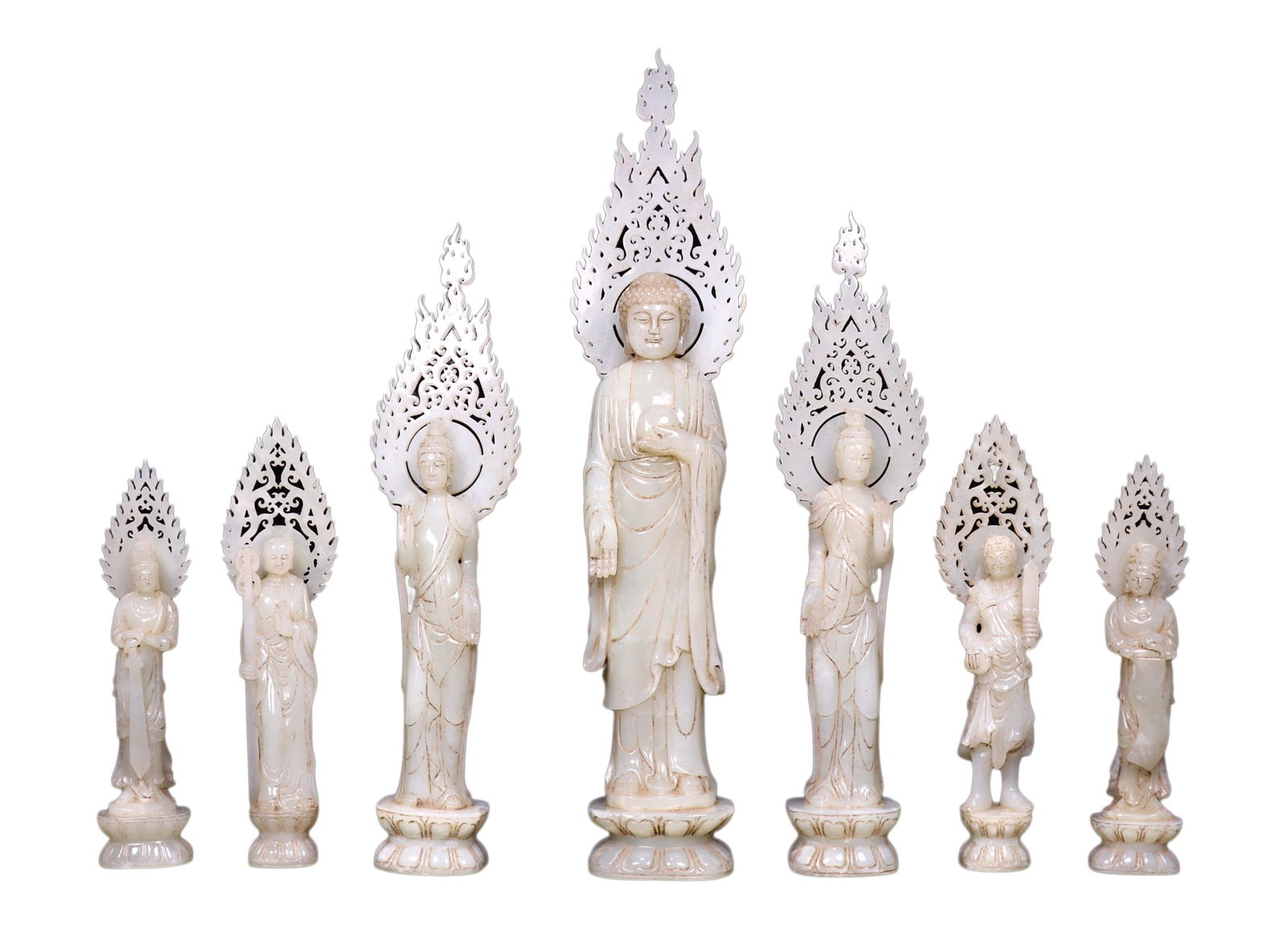 A Set 7 Vintage Hetian Jade Hand-Carved Buddha Statues: A Set 7 Vintage Hetian Jade Hand-Carved Buddha StatuesDimension: 325 x 70 x 35 (mm) 12.79 x 2.75 x 1.38 (inches) Weight: 1.54 lbs/ 700 gDimension: 155 x 35 x 22 (mm) 6.10 x 1.38 x 0.87 (inches) Weight