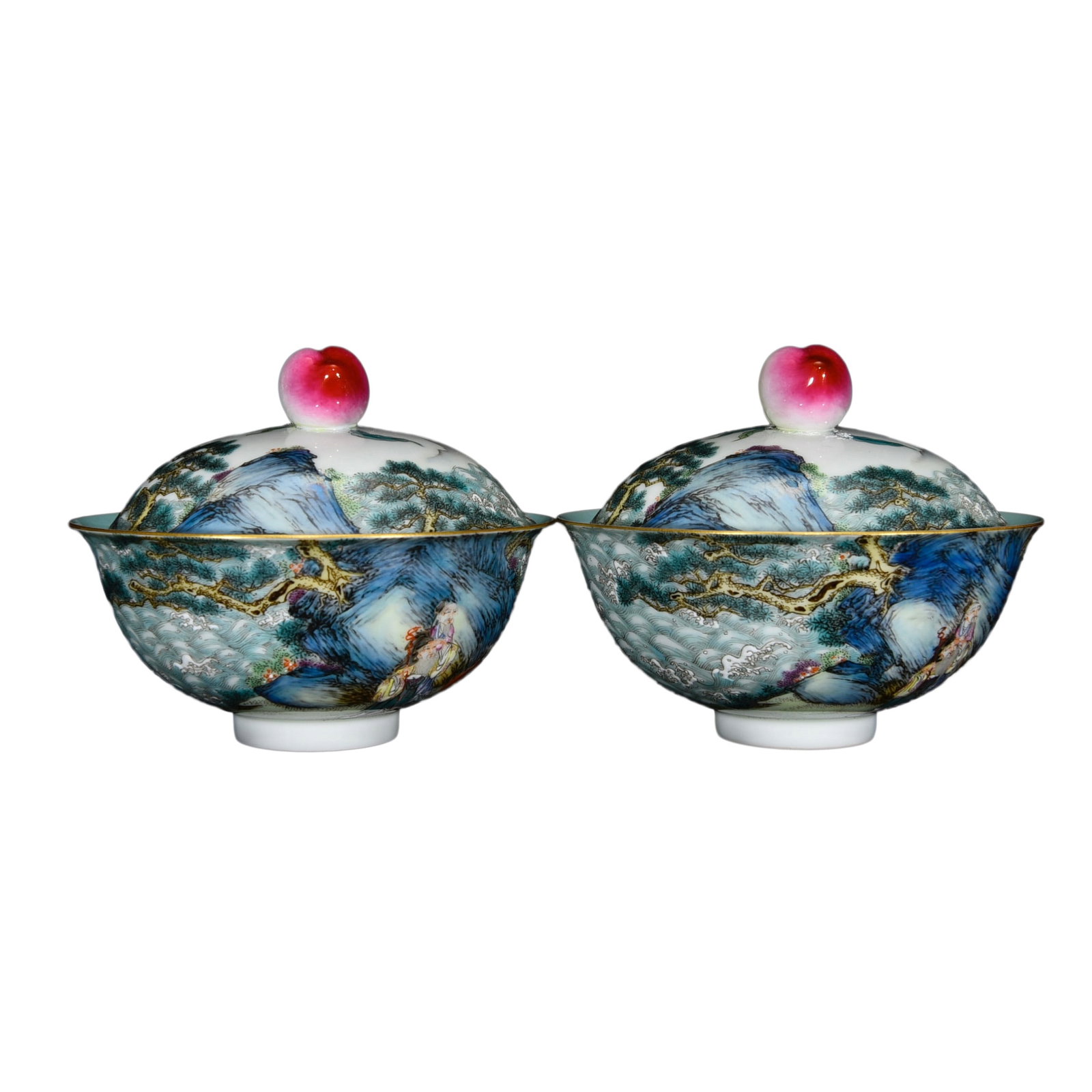 A Pair Porcelain Teabowl Gilt Edge Famille Rose w Sages Meeting, Qing Dynasty Qianlong Mark (1 of 10)