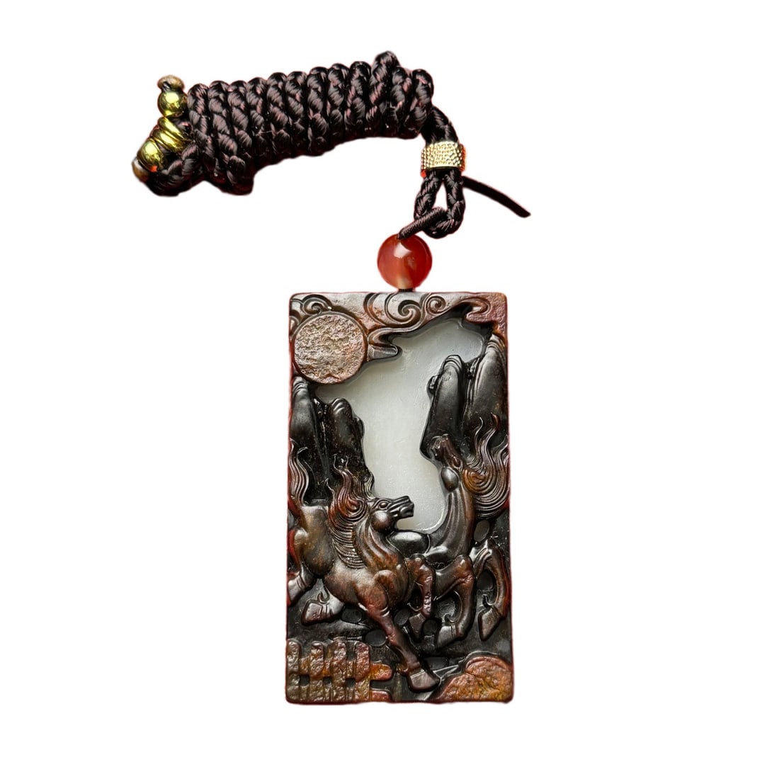 Hetian Jade Hand-Carved Pendant w Fortune Horse: Hetian Jade Hand-Carved Pendant w Fortune HorseDimension: 74 x 40 x 14 (mm) 2.91 x 1.57 x 0.55 (inches) Weight: 0.21 lbs/ 96 g