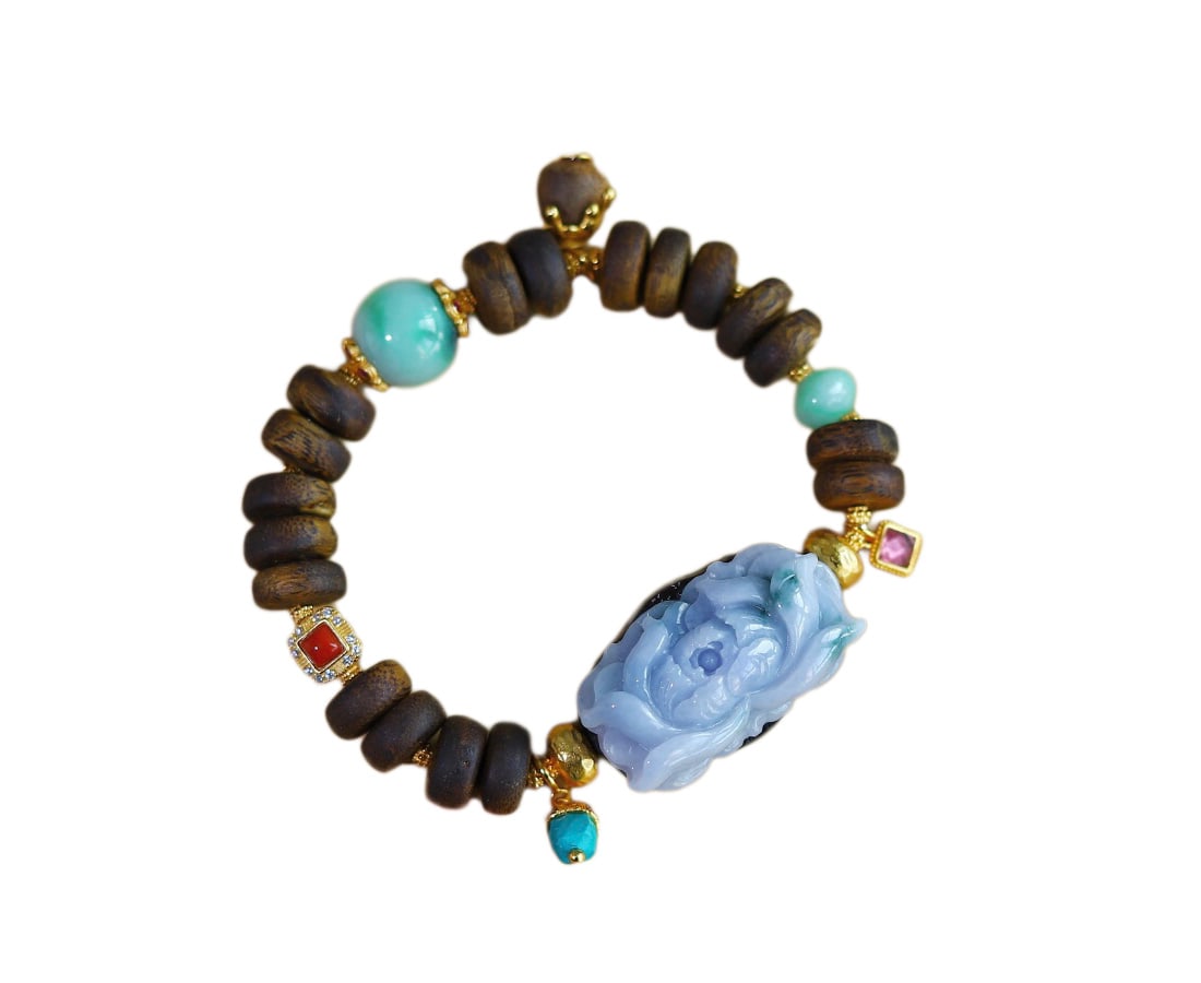 Hand Woven Jadeite Flower & Chenxiang Wood & 925 Silver Inaly Tourmaline & Turquoise Beads Bracelet: Hand Woven Jadeite Flower & Chenxiang Wood & 925 Silver Inaly Tourmaline & Turquoise Beads BraceletDimension: 10.7 (mm) 0.42 (inches)