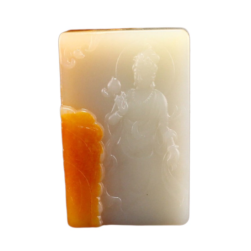 Vintage Hetian Jade Hand-Carved Pendant w Kwan-yin: Vintage Hetian Jade Hand-Carved Pendant w Kwan-yinDimension: 65 x 42 x 13 (mm) 2.56 x 1.65 x 0.51 (inches) Weight: 0.21 lbs/ 96 g