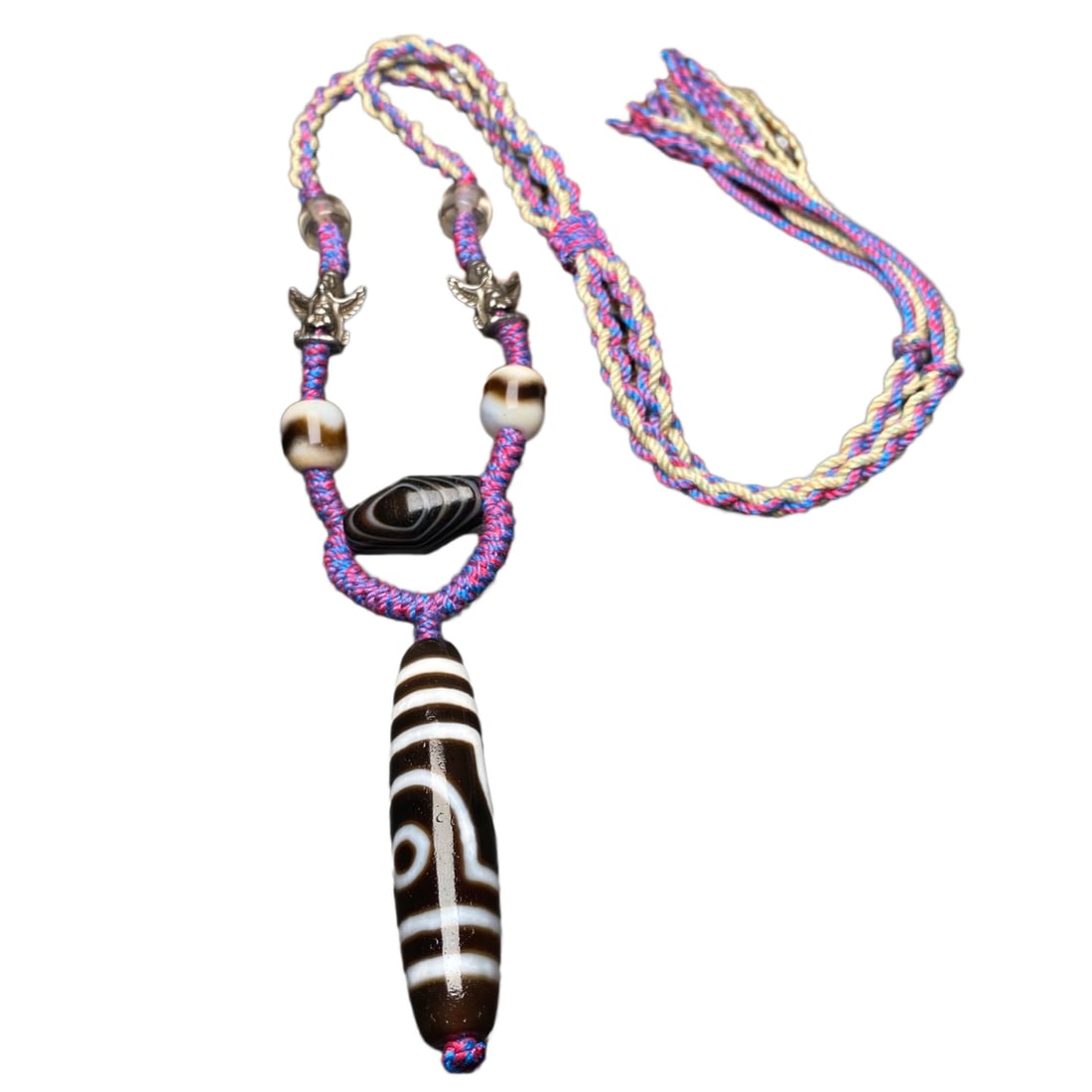 Tibetan Two Eye DZI Agate Lucky Pendant w Hand Woven Beads Necklace: Tibetan Two Eye DZI Agate Lucky Pendant w Hand Woven Beads NecklaceDimension: 58 x 14 (mm) 2.28 x 0.55 (inches)Dimension: 11 (mm) 0.43 (inches)